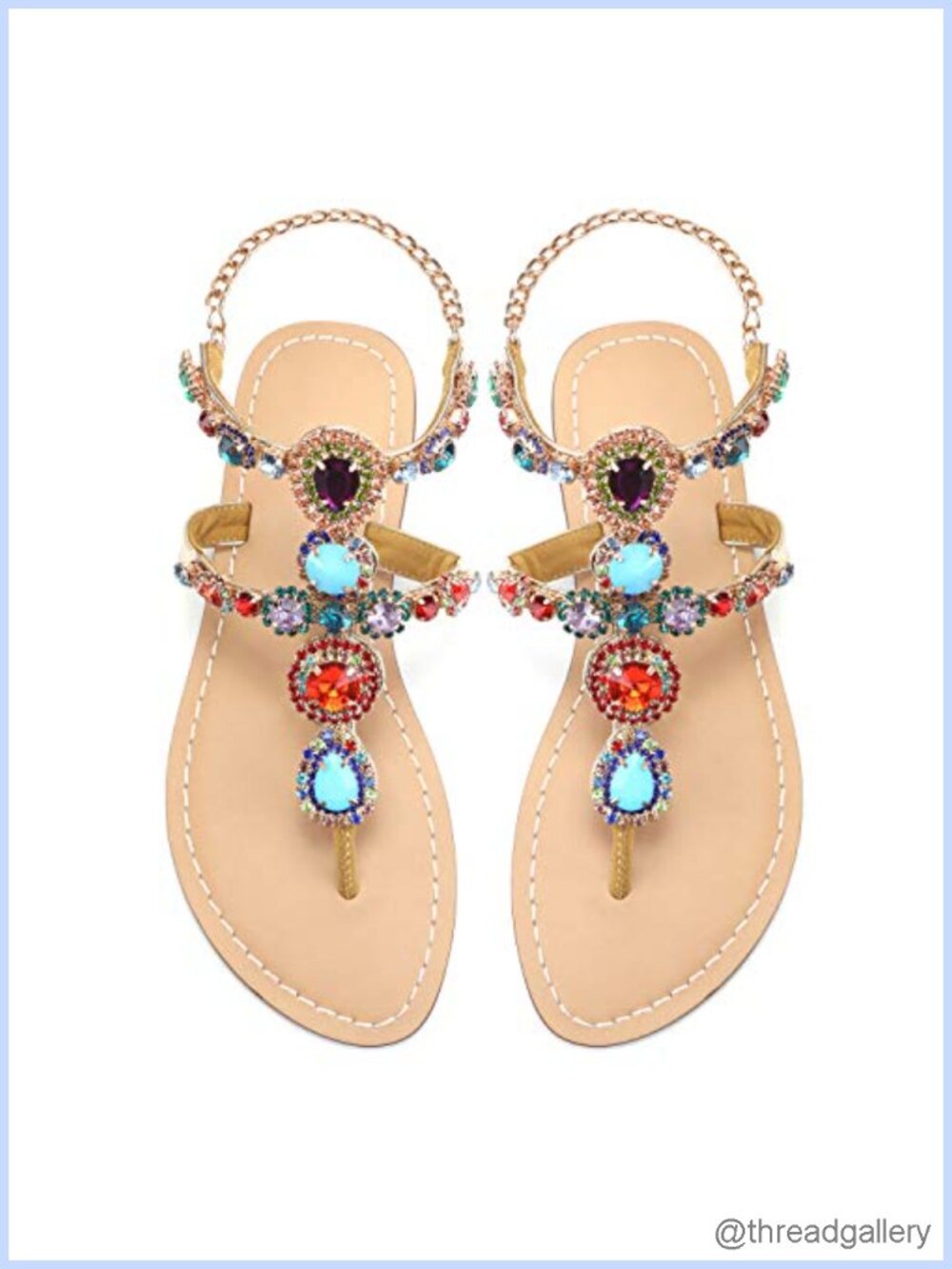Faux Leather Rhinestone T-Strap Flat Sandals Clip Toe Beach Vacation